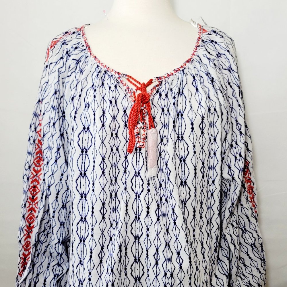 LOGG H&M Womens Blue White Red Abstract Print Boho Top Shirt Size 8 NEW